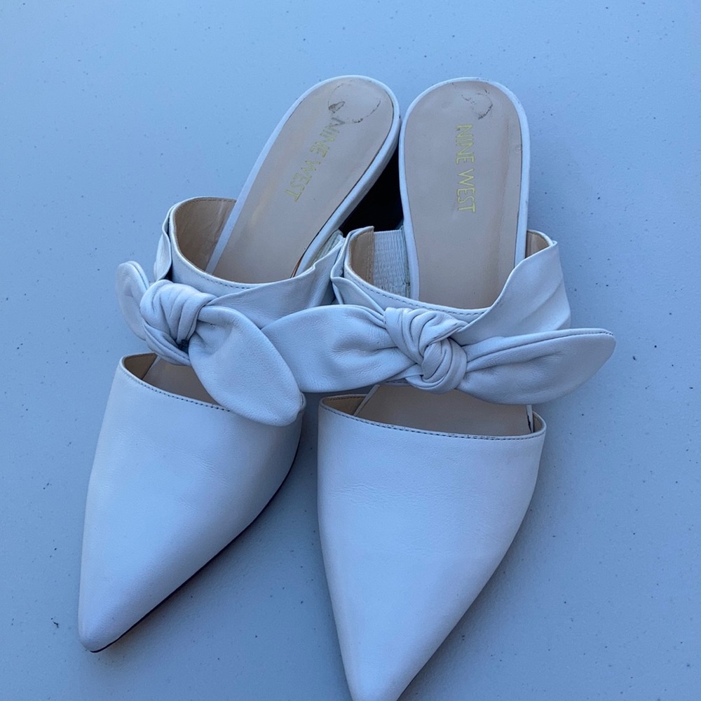 Nine West White Mules with Bow Detail